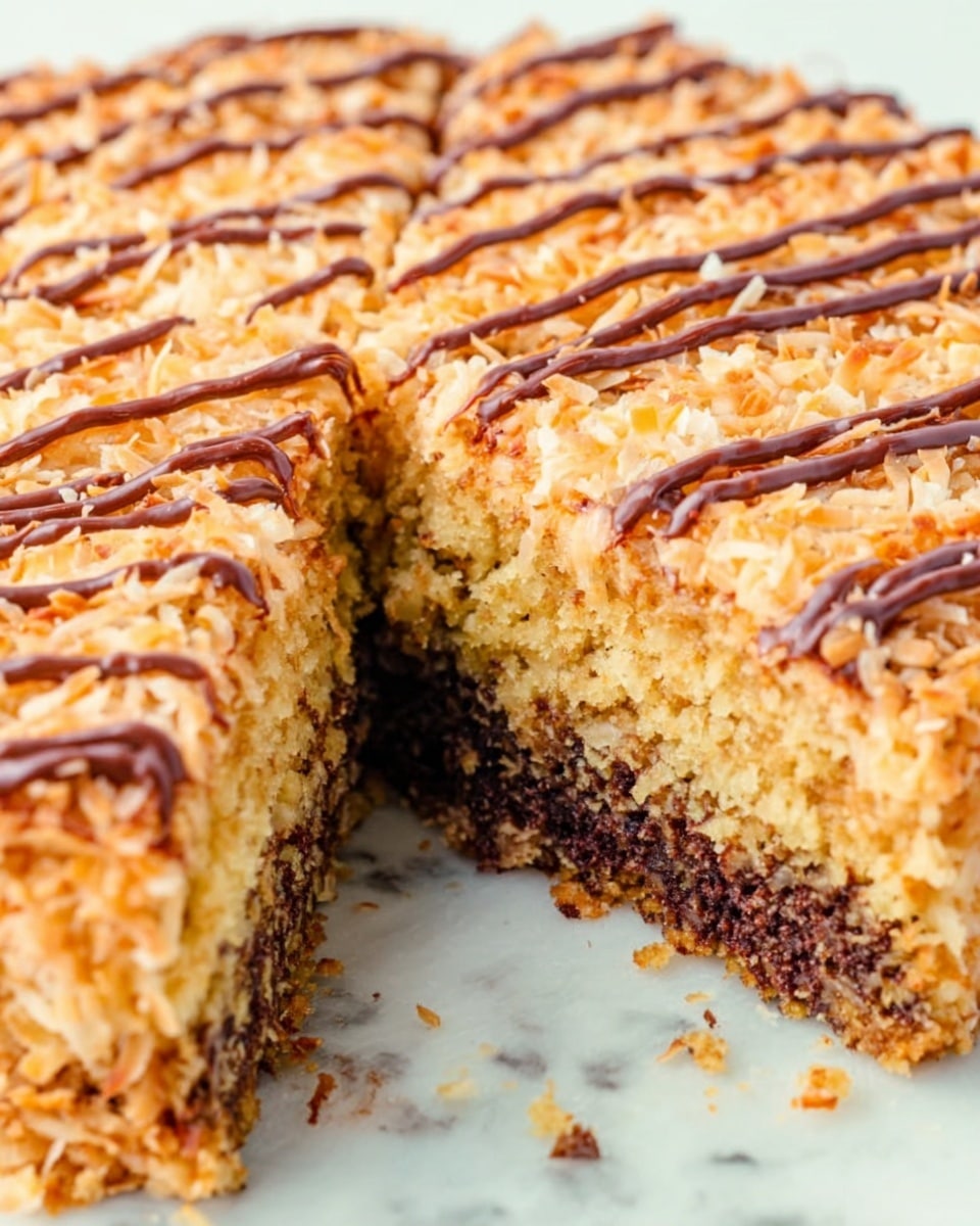 A close-up view of a round cake on a white marbled surface with a small piece taken out from the center. The cake has two main layers: a bottom layer made of dark brown, dense cake with a slightly crumbly texture, and a thick top layer of light golden, shredded coconut that looks moist and rich. The top of the cake is decorated with smooth, light brown chocolate drizzle lines evenly spaced across the surface. The inside of the cake shows the contrast between the dark bottom and the bright top layer. Photo taken with an iphone --ar 4:5 --v 7