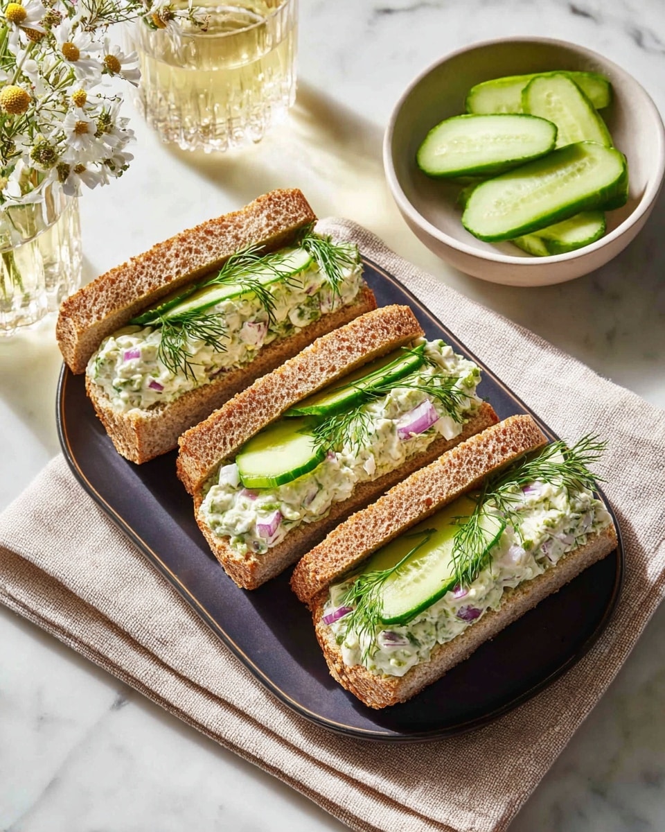 Three cucumber sandwiches are placed in a row on a white plate with a dark interior, all resting on a beige cloth on a white marbled surface. Each sandwich has two slices of toasted brown bread with a visible soft, crumbly texture, filled thickly with a creamy mixture that shows small pieces of red onion, cucumber slices, and chopped pale green celery, topped with fresh dill sprigs and light green celery leaves. Next to the plate is a white bowl with two long slices of cucumber inside. A glass of sparkling water and a small round vase with white flowers are also partly visible in the background. The lighting is bright and natural, highlighting the fresh ingredients. photo taken with an iphone --ar 4:5 --v 7