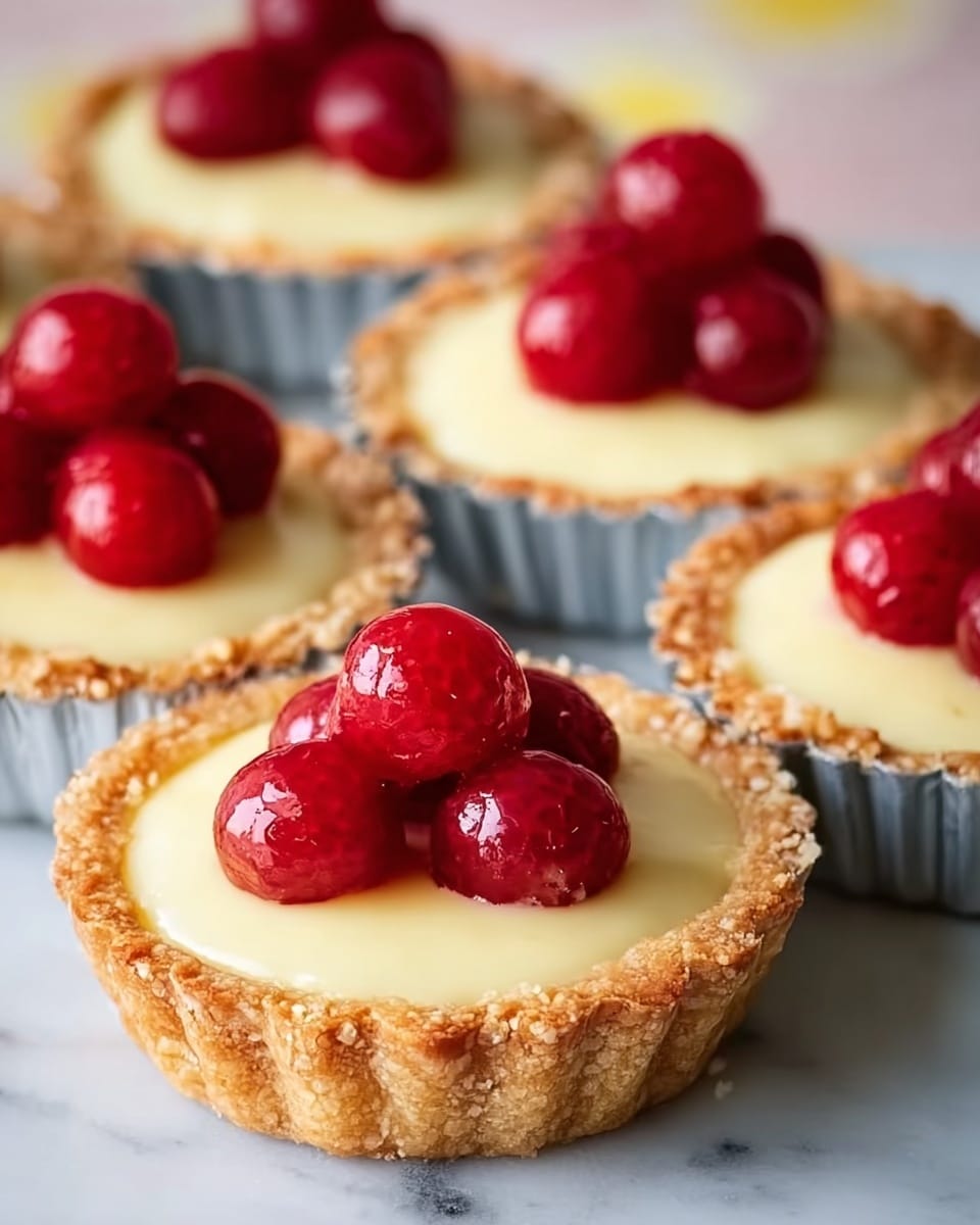 The image shows six small tarts placed on a white marbled surface. Each tart has a golden-brown crust forming the outer layer, filled with a smooth, pale yellow cream that fills most of the inside. On top of each tart, there is a cluster of shiny, bright red raspberries grouped to one side, adding a vibrant contrast to the creamy layer. The tarts sit in silver tart molds that slightly reflect light, enhancing the texture of the crust. The background is softly blurred with hints of yellow shapes and a pinkish tone, keeping the focus on the tarts. Photo taken with an iphone --ar 4:5 --v 7