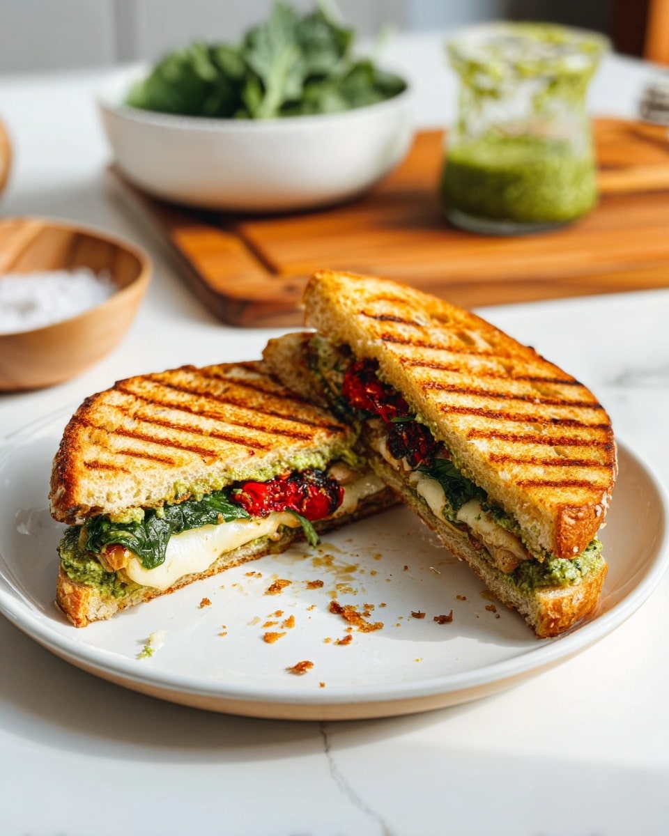 The image shows a grilled sandwich cut in half with visible layers on a white plate with some crumbs. The sandwich's outer bread is golden brown with grill marks. Inside, there is a layer of green leafy vegetables at the bottom, followed by a layer of melted white cheese, and some red ingredients that look like roasted red peppers. There is also a green spread or sauce inside. In the background, there is a white bowl with green leafy vegetables, a small bowl with salt, and a glass container with green sauce placed on a wooden board, all on a white marbled surface. photo taken with an iphone --ar 4:5 --v 7