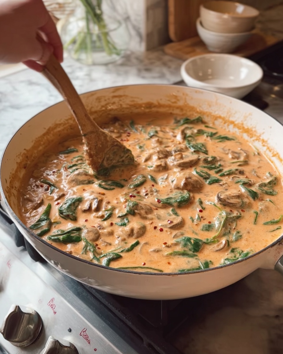 A close-up of a white pan filled with a creamy light orange sauce mixed with green spinach leaves and whole mushrooms, being stirred by a woman's hand holding a wooden spoon. The sauce has a thick texture with small bits of red and dark seasoning visible throughout. The pan sits on a stovetop with silver knobs, and the background shows a kitchen with a white marbled texture surface, wood cutting boards, and small white bowls. The scene captures the cooking process in a cozy kitchen setting. photo taken with an iphone --ar 4:5 --v 7