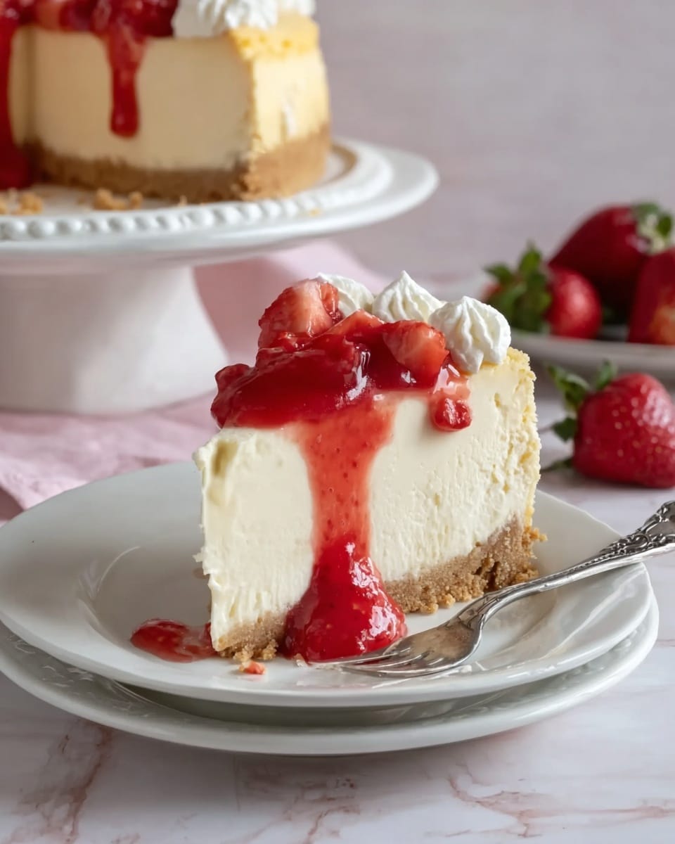A slice of cheesecake is on a white plate with a silver fork beside it. The cheesecake has three layers: a light brown crumbly crust at the bottom, a thick creamy white middle layer, and a thin creamy top layer with small white whipped cream dollops around the edge. Bright red strawberry sauce with chunks of strawberries is poured over the top, dripping down the side of the cheesecake. In the background, there is the rest of the cheesecake on a white cake stand and a few fresh strawberries on a white marbled surface. Photo taken with an iphone --ar 4:5 --v 7