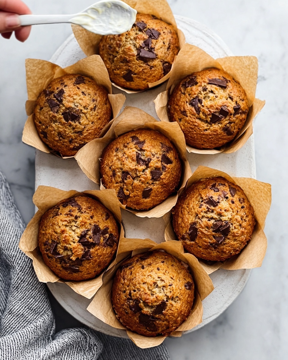 The image shows six golden brown muffins with dark chocolate chips on top, each in light brown parchment paper wrappers, arranged in a white muffin tray. The muffins have a slightly rough texture and appear soft with visible chocolate chunks on the surface. The tray is placed on a white marbled surface, and a woman's hand holding a white spoon with a bit of butter or cream is visible on the left side. A grey and white striped cloth is partially shown in the lower left corner. photo taken with an iphone --ar 4:5 --v 7