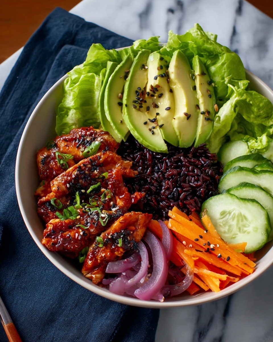 The image shows a dark bowl filled with grilled chicken pieces that have a shiny, slightly charred and reddish-brown glaze, giving them a rich texture. On one side of the bowl, light green slices of avocado are neatly placed, while on the opposite side, there are thinly sliced orange carrot sticks and light purple onion rings. The bowl is set on a white marbled surface, and a woman's hand is gently holding chopsticks picking up one piece of chicken. Photo taken with an iphone --ar 4:5 --v 7
