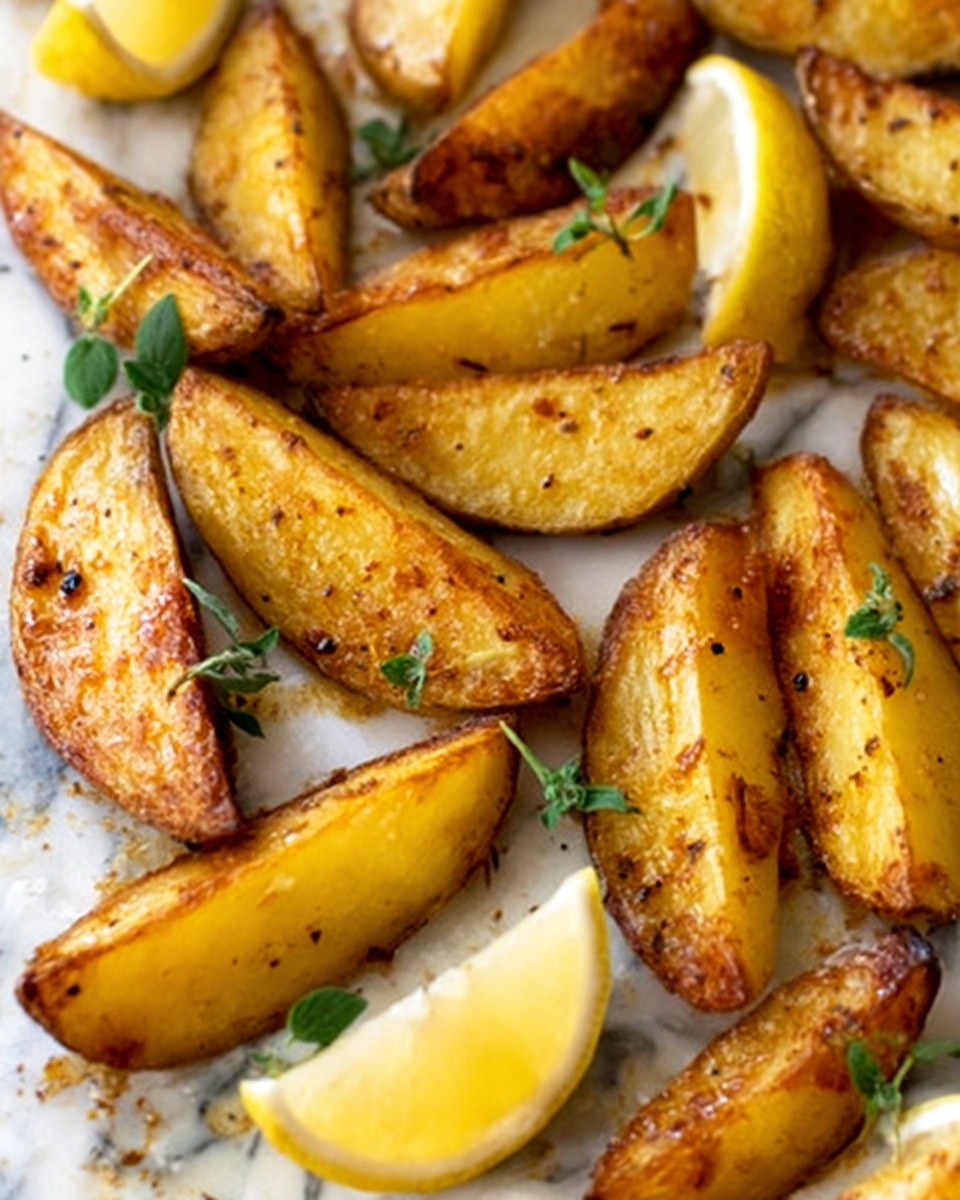 The image shows a close-up of golden-brown roasted potato wedges on a white marbled surface, evenly cooked with a crispy texture. They are scattered naturally across the surface, some wedges overlapping slightly. Bright yellow lemon wedges with a smooth texture are placed among the potatoes, adding a fresh contrast. Small green sprigs of herbs are scattered lightly on top, giving a touch of color and freshness. The lighting highlights the warm colors of the potatoes and bright lemons, making the dish look inviting and fresh photo taken with an iphone --ar 4:5 --v 7