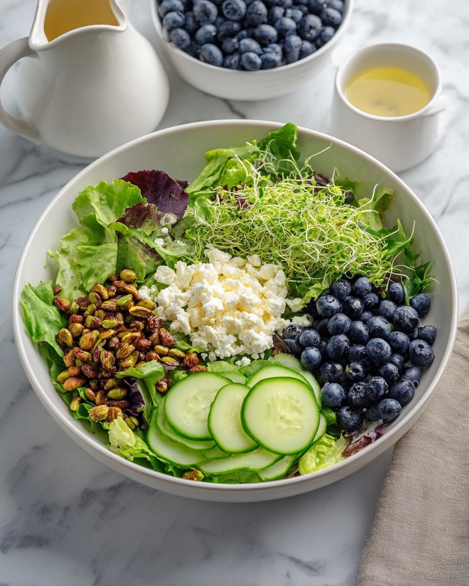 A white bowl holds a fresh salad with five main layers arranged in sections. The base layer is green leafy lettuce with some purple edges, spread evenly across the bowl. On top of this, sliced cucumber rounds are neatly stacked on the bottom right. Next to the cucumber, bright green microgreens add a textured layer on the top center. Dark blue blueberries create a smooth, round cluster on the middle right. On the top left, a mound of crumbly white cheese rests over the lettuce, while a pile of toasted brown pistachios sits just below the cheese on the left side. The bowl is placed on a white marbled surface. Behind it, a small white pitcher with light dressing and a bowl filled with more blueberries sit in the frame. Photo taken with an iphone --ar 4:5 --v 7