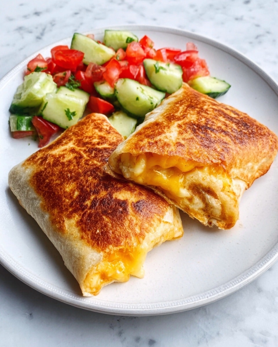 The image shows two golden-brown toasted wraps on a white plate. The wraps are folded and one is slightly open, revealing melted yellow cheese and light orange filling inside. On the side, there is a fresh salad made of chopped red tomatoes and green cucumbers. The plate sits on a white marbled surface. Photo taken with an iphone --ar 4:5 --v 7