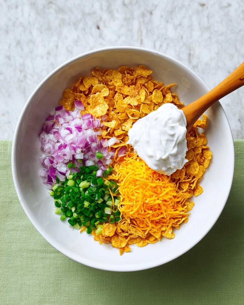 The image shows a white plate with two folded light golden flatbreads stacked on top of each other, placed on a white marbled surface. Around the plate are six small clear glass bowls containing different ingredients: finely chopped purple onions, white creamy yogurt, bright orange shredded cheese, finely chopped green herbs, a small amount of white powder, and light brown chickpeas. The bowls are neatly arranged and the colors stand out against the soft background. photo taken with an iphone --ar 4:5 --v 7