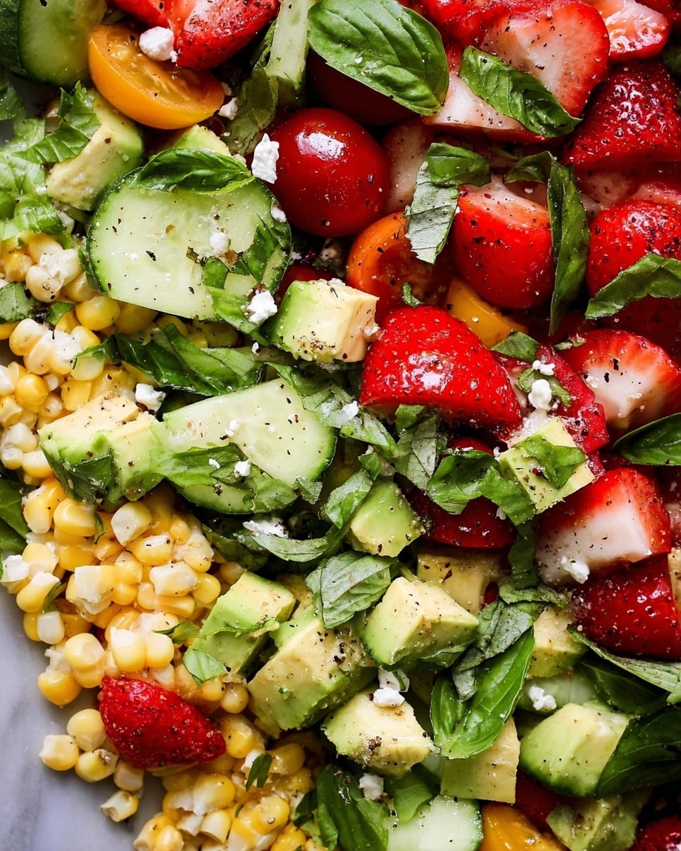 The image shows a close-up view of a mixed salad with several colorful layers. The bottom layer includes bright yellow corn kernels scattered throughout. Above this, there are slices of green cucumber with a fresh texture and chunks of creamy light green avocado. Red cherry tomatoes, both whole and halved, add vibrant color along with small pieces of red strawberries. Thinly sliced fresh green basil leaves are spread evenly on top, adding a leafy texture. Small bits of white cheese, possibly feta, are sprinkled here and there, along with a light dusting of black pepper. The salad ingredients appear fresh, juicy, and crisp, resting on a white marbled surface. photo taken with an iphone --ar 4:5 --v 7