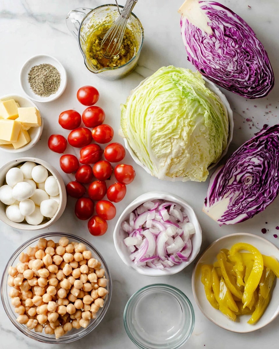 A collection of fresh salad ingredients arranged on a white marbled surface, including one large light green round head of iceberg lettuce and one smaller purple and white radicchio head positioned near the center right. At the bottom right, there is a small clear bowl with pale yellow cheese cubes and another clear bowl with thin slices of purple onion. To the left of these bowls, a bunch of bright red cherry tomatoes still on the vine spreads towards the bottom left. Above the tomatoes, there is a white bowl full of light beige chickpeas. Near the top center, a white bowl is filled with small white round mozzarella balls. To the right of the mozzarella, on a white plate, there are several bright yellow pickled peppers. In the top left corner, a glass measuring cup holds a greenish-yellow herb dressing with a metal whisk inside, and a lemon half rests beside the cup. A small white dish with dried herbs is near the tomatoes. The scene is bright with natural light highlighting the fresh ingredients, photo taken with an iphone --ar 4:5 --v 7