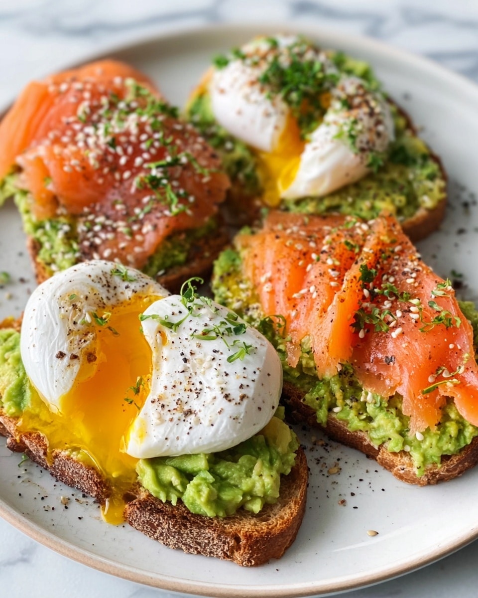 The image shows a white plate with four pieces of toast topped with different layers. Each toast has a base of mashed green avocado spread thickly and roughly. Two toasts have smooth white poached eggs with bright yellow yolks slightly dripping over the avocado. The other two toasts are topped with thin slices of pink smoked salmon layered neatly. The dish is sprinkled with black pepper, white sesame seeds, and green herbs over all the toast pieces. The background is white with a marbled texture. photo taken with an iphone --ar 4:5 --v 7