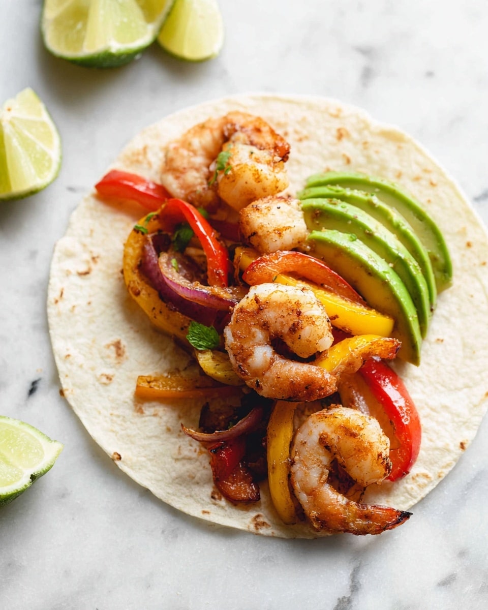A white flour tortilla is topped with cooked shrimp that are pink with a light char, sitting on top of thin strips of cooked red and yellow bell peppers that have a slightly grilled texture. Alongside the shrimp and peppers is a fan of bright green avocado slices and a small piece of grilled onion with a light browned edge. A wedge of lime with a fresh, juicy green inside is placed on one side of the tortilla. The food is on a white marbled surface with two extra lime wedges blurred in the background. photo taken with an iphone --ar 4:5 --v 7
