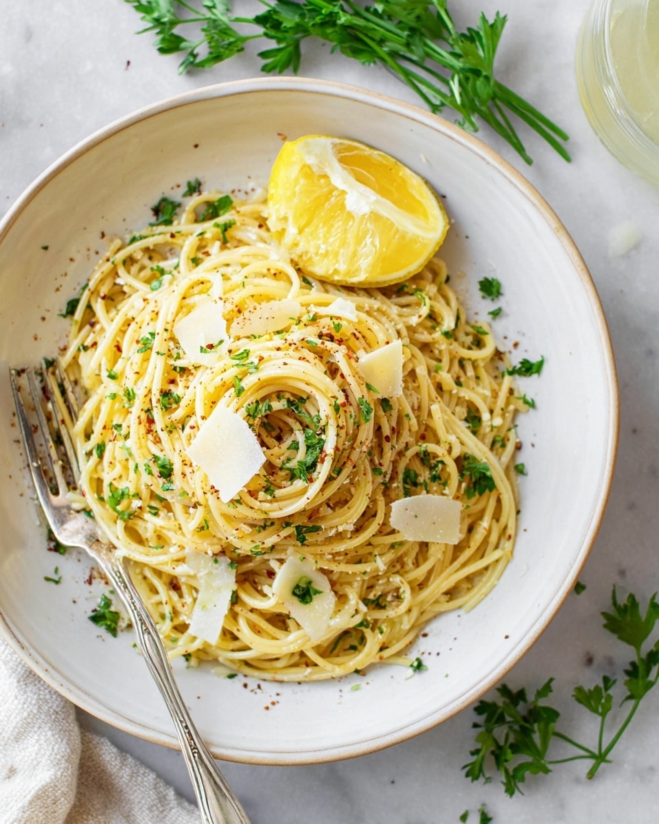 A white bowl filled with a pile of golden spaghetti noodles twisted loosely in the center. On top of the noodles are thin, white slices of cheese scattered evenly, with small green bits of parsley sprinkled throughout. To the side of the spaghetti sits a fresh lemon wedge with pale yellow flesh. A silver fork lays on the left side resting on the edge of the bowl. The bowl is placed on a white marbled surface with some sprigs of green parsley nearby and a glass with a light drink in the background. Photo taken with an iphone --ar 4:5 --v 7