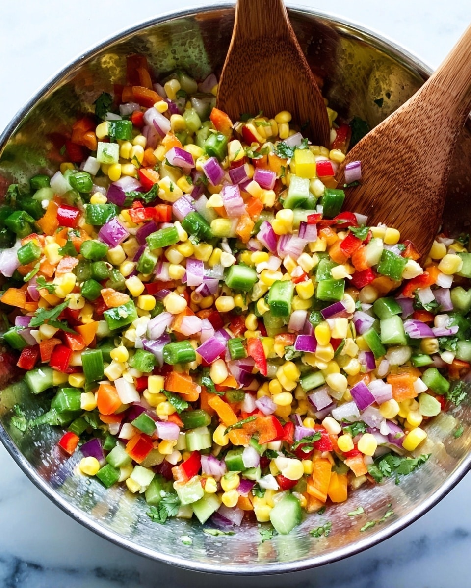 The image shows a large metal bowl filled with a colorful mix of chopped vegetables including red and orange bell peppers, green beans, red onion, corn kernels, and cilantro leaves scattered throughout. The vegetables are cut into small pieces, creating a vibrant mosaic of yellow, red, green, purple, and white colors. Two wooden spoons rest in the bowl, partially covered by the mixture. The bowl is set on a white marbled surface. Photo taken with an iphone --ar 4:5 --v 7