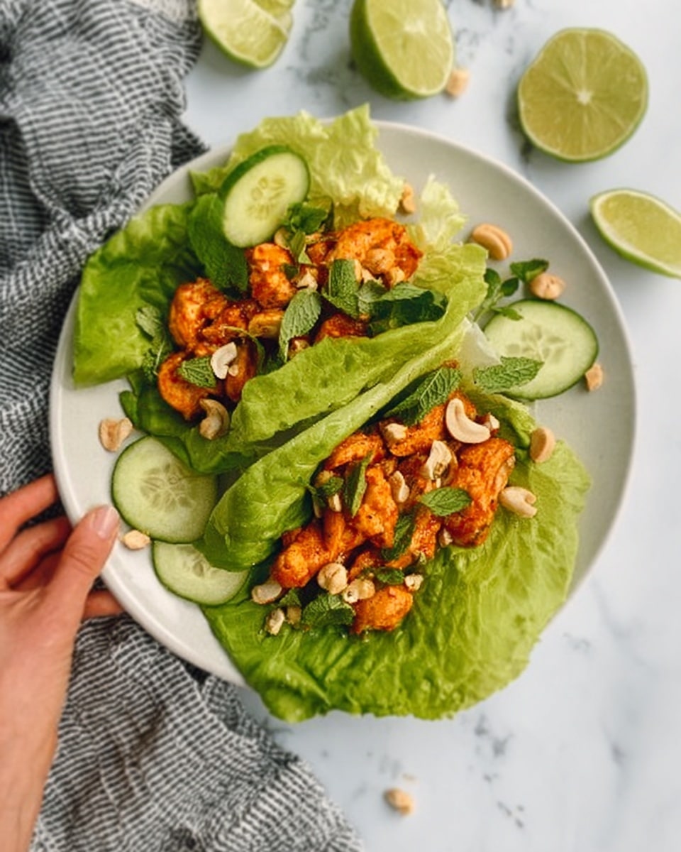 In this image, two tacos are made with green lettuce leaves as shells, filled with bright orange pieces of cooked chicken. The taco fillings are topped with round, light green slices of cucumber and scattered light brown nuts. There are lime wedges on the side, placed around the tacos. The tacos sit on a white plate, all on a white marbled surface, with a gray and white striped cloth nearby. A woman's hand is holding one of the tacos. Photo taken with an iphone --ar 4:5 --v 7