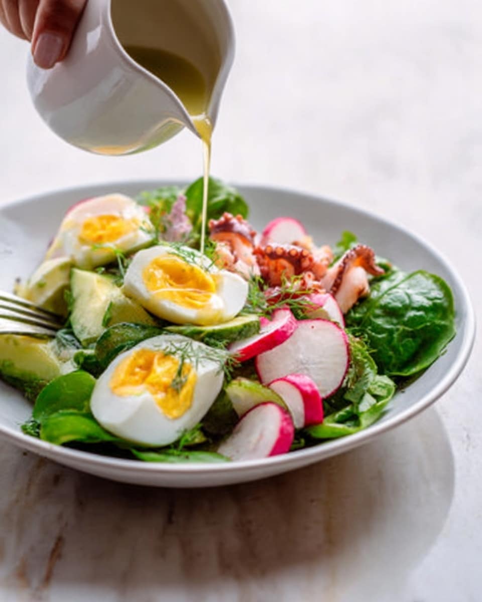 A white plate on a white marbled surface holds a fresh salad with layers of bright green spinach leaves at the bottom, topped with soft boiled eggs cut in half showing the yellow yolk, thinly sliced radishes with white inside and pink edges, and pieces of pink octopus with a firm texture. A woman's hand is pouring a light dressing from a small white jug onto the salad. Photo taken with an iphone --ar 4:5 --v 7