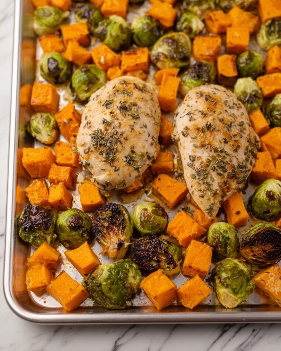 A baking tray filled with two pieces of light brown cooked chicken with visible herbs on top, placed in the middle; around the chicken are bright orange cubes of cooked sweet potato and green Brussels sprouts with some charred black spots, all resting on a shiny silver tray over a white marbled surface. photo taken with an iphone --ar 4:5 --v 7