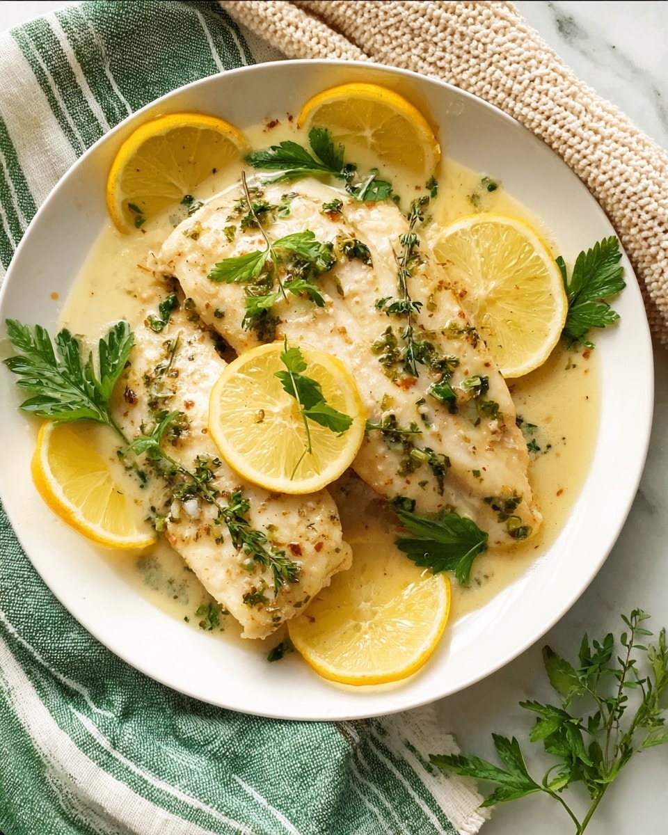 A white plate filled with three pieces of fish topped with fresh green parsley leaves and small green herbs, all covered in a light, creamy sauce with visible small bits, surrounded by thin lemon slices placed evenly around the edge of the fish. The plate rests on a white marbled surface with a beige knit cloth and a green and white striped cloth loosely placed nearby. photo taken with an iphone --ar 4:5 --v 7