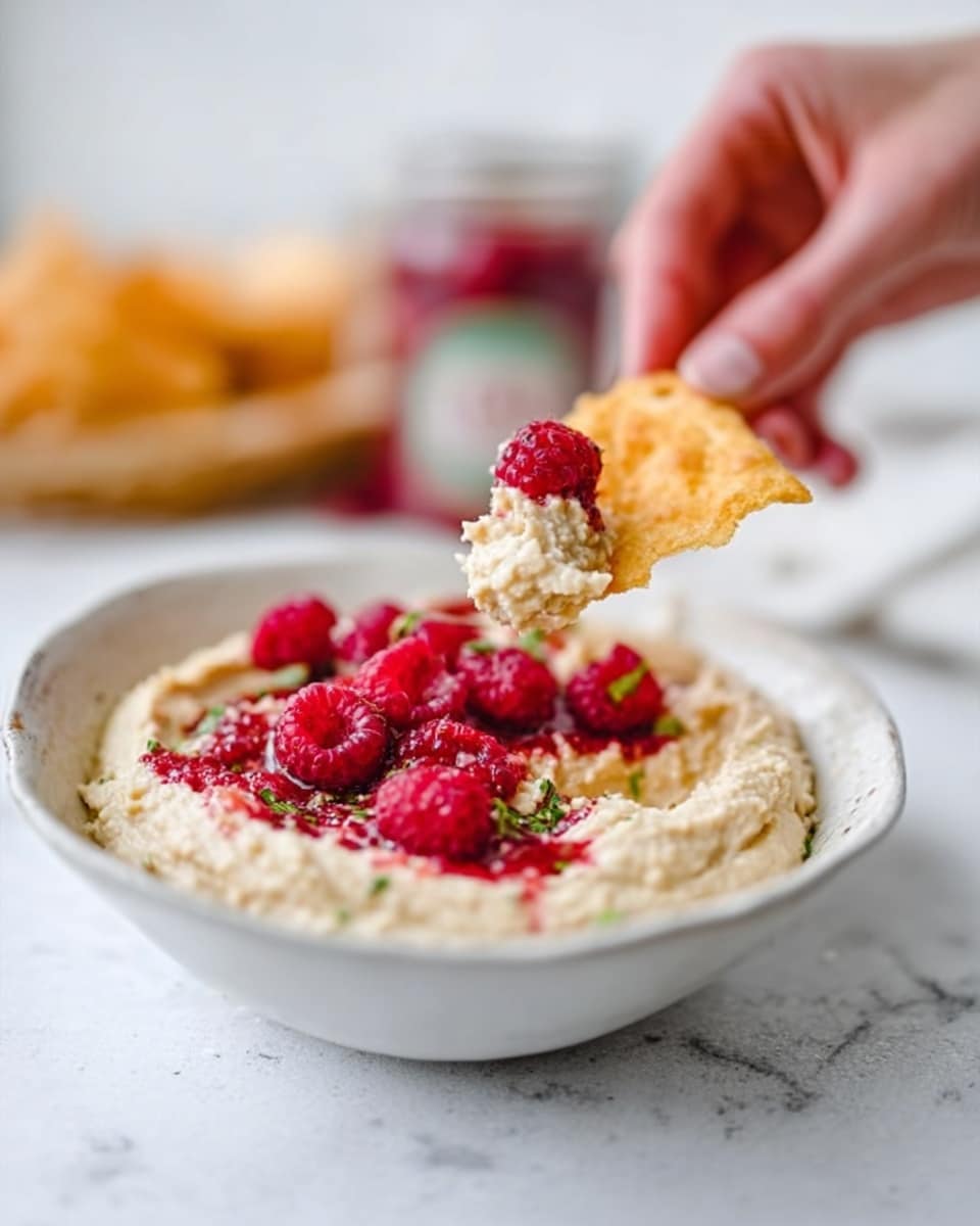 A white bowl on a white marbled surface holds creamy beige hummus topped with fresh red raspberries and small herbs. A woman's hand is dipping a golden, crisp chip into the hummus, with some hummus and raspberries on the chip. The scene is bright and fresh, focusing on the smooth texture of the hummus and the juicy look of the raspberries. In the background, there are blurred jars adding a soft color contrast. Photo taken with an iphone --ar 4:5 --v 7