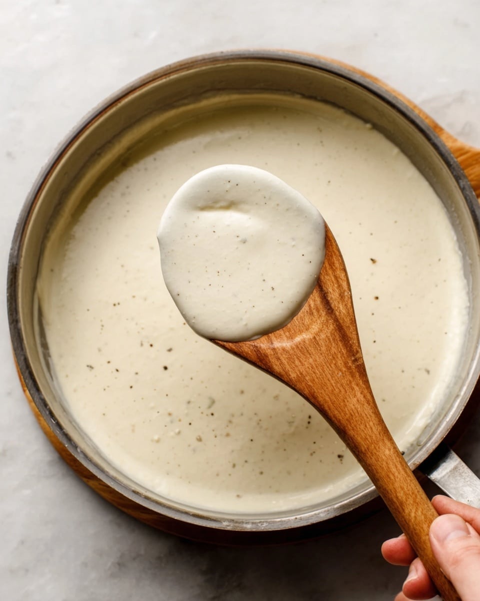 A close-up image of a creamy white sauce in a metal pan, with a woman's hand holding a wooden spoon that lifts a thick, smooth portion of sauce. The sauce has a light texture with small black pepper specks scattered throughout, showing its richness. The pan and spoon are centered on a white marbled surface. photo taken with an iphone --ar 4:5 --v 7