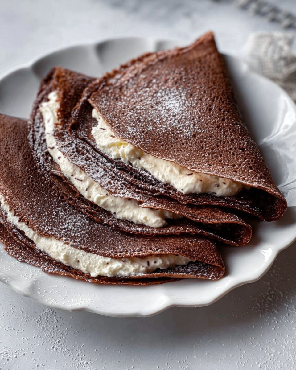 The image shows four soft, dark brown crepes folded in quarters and stacked slightly overlapping on a white plate with a scalloped edge, placed on a white marbled surface. Each crepe is thin with a smooth texture and is filled with a fluffy white cream that peeks out from the edges, adding a light contrast to the dark crepes. The crepes appear moist and tender, with the cream layer visible and creamy in texture. photo taken with an iphone --ar 4:5 --v 7