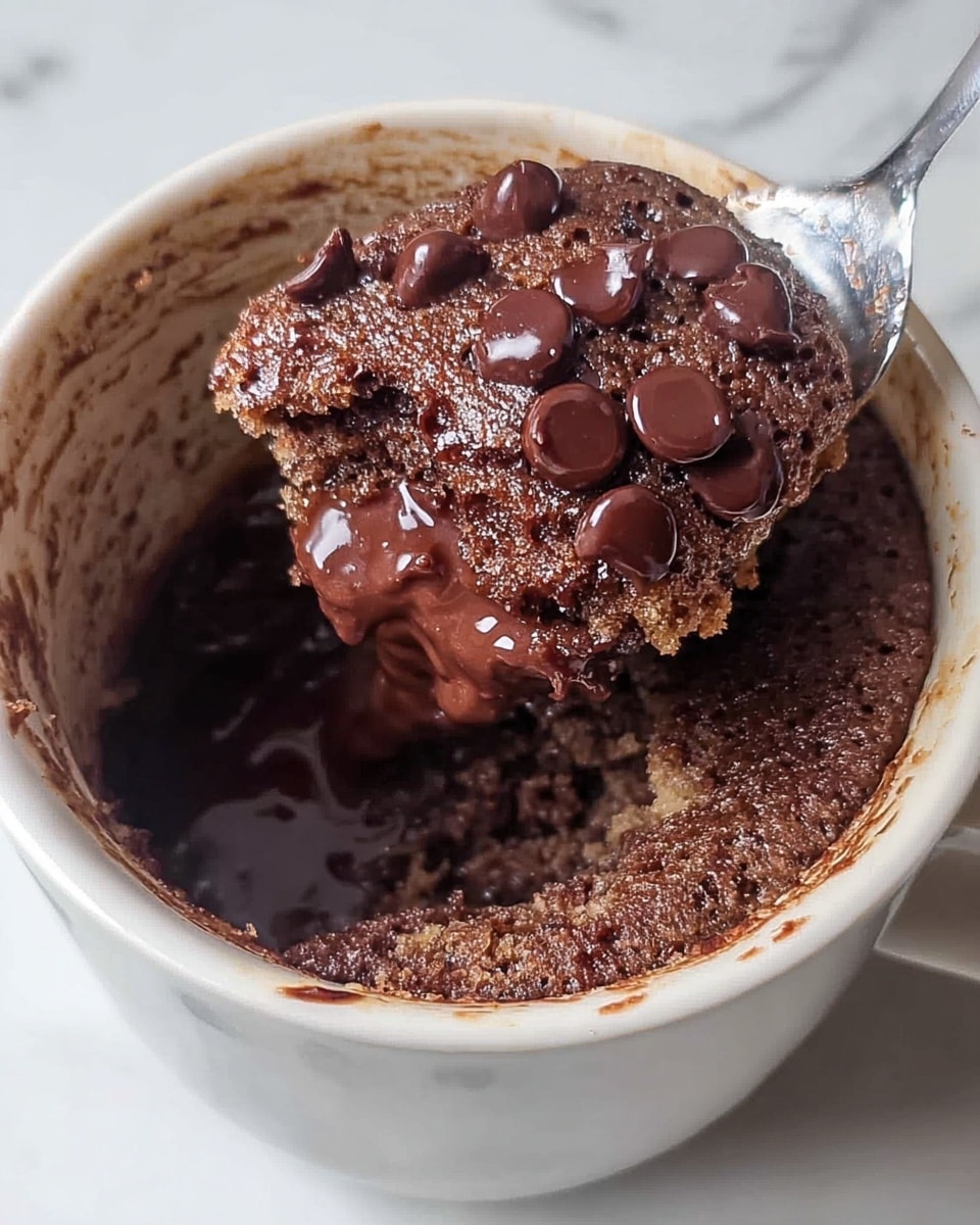 A white ceramic mug filled with a soft chocolate cake inside, showing a dense, moist texture with small air bubbles. The top of the cake is studded with dark chocolate chips that are slightly melted and shiny. A metal spoon inside the mug lifts a chunk of the cake, revealing layers of the moist chocolate cake mixed with melted chocolate chips. The edges of the mug show some chocolate smudges from baking. The background is a white marbled surface. photo taken with an iphone --ar 4:5 --v 7