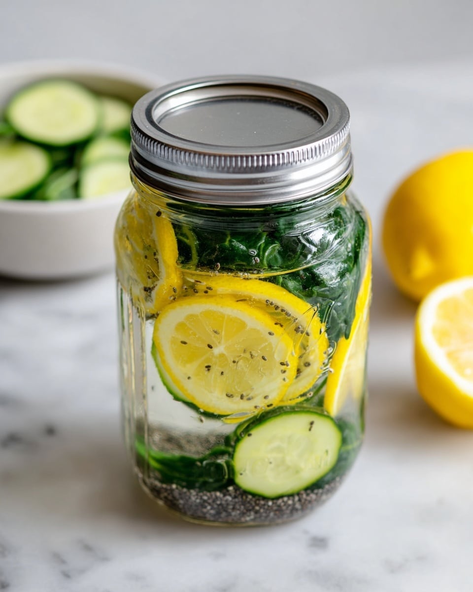 A clear glass jar with a silver lid is filled with layers of thin yellow lemon slices, green cucumber slices, and fresh green mint leaves. Small black chia seeds float throughout the clear liquid inside the jar. The jar lies on its side on a white marbled surface. Around the jar are three lemon halves showing their bright yellow inside, a clear bowl with chia seeds and lemon slices, and a white bowl containing more green cucumber slices. photo taken with an iphone --ar 4:5 --v 7