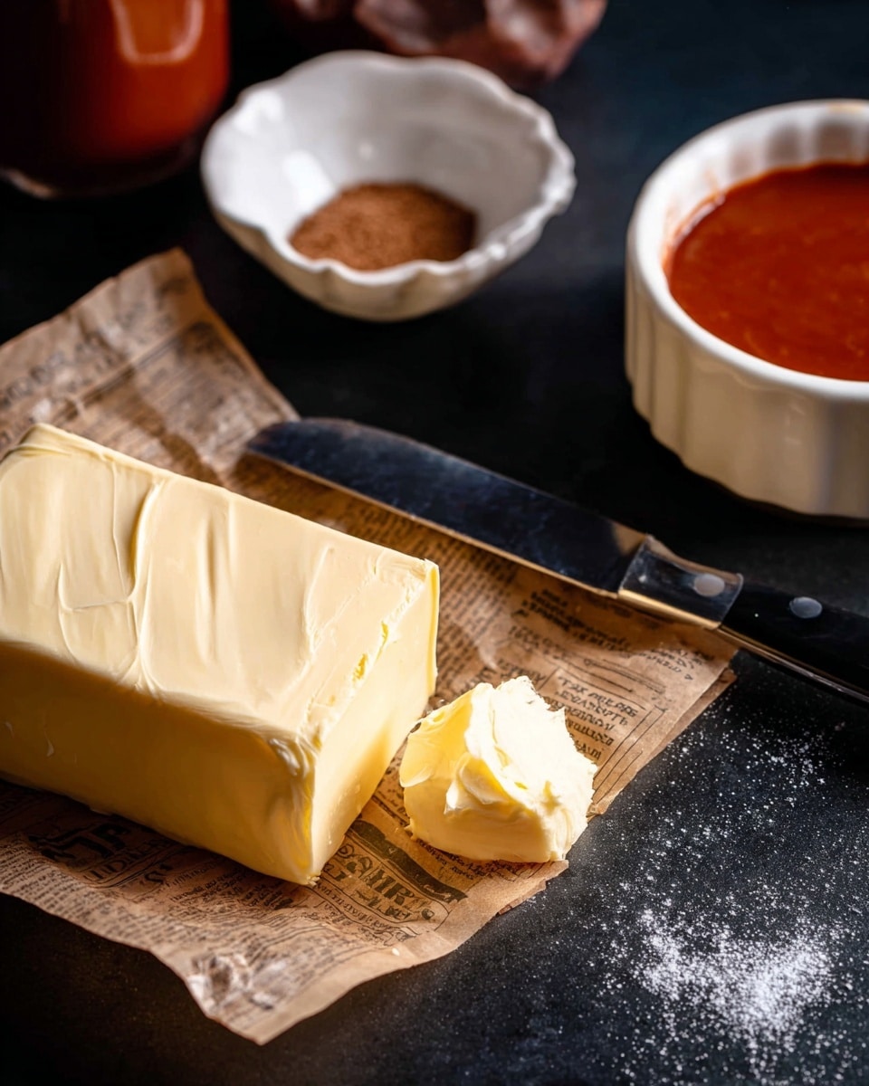 The image shows a close-up of a block of pale yellow butter, partially unwrapped from vintage-style paper packaging, with a small piece cut off placed in the front. A black-handled knife rests on the packaging next to the butter block. Behind it there is a white bowl filled with thick red sauce and to the side, a small amount of brown spice in a white bowl. The items sit on a dark smooth surface with scattered spice granules around. photo taken with an iphone --ar 4:5 --v 7