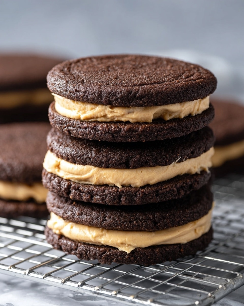 A tall stack of four dark brown, soft chocolate cookies, each sandwiching a thick layer of light brown, creamy filling that looks smooth and slightly fluffy. The cookies have a slightly rough texture, while the filling is soft and spread evenly between each cookie. The stack is placed on a silver cooling rack with a blurred white marbled background. Photo taken with an iphone --ar 4:5 --v 7