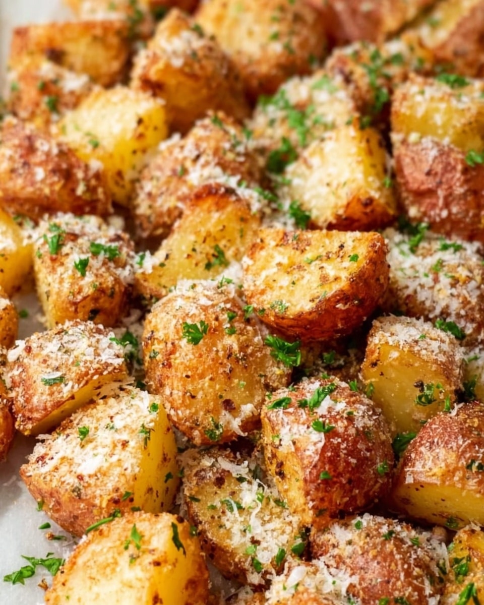 The image shows many small, golden-brown roasted potato pieces. They are coated with a light layer of grated cheese and sprinkled with small pieces of fresh green parsley. The potatoes have a slightly crispy texture on the outside, and there are spots of darker brown where they are roasted more. The white marbled surface gives a clean and bright background to the warm colors of the potatoes. photo taken with an iphone --ar 4:5 --v 7