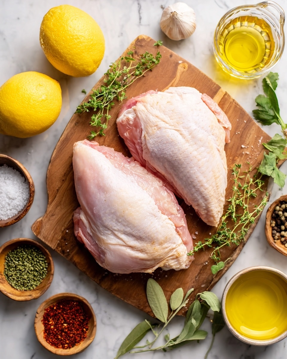 The image shows two raw chicken pieces placed side by side on a wooden board in the center. Surrounding the board are halves of a yellow lemon at the top left and bottom left corners, some green herbs scattered near the top right corner, and small bowls with various spices and oils placed around the board. The overall background is a clean white marbled texture. photo taken with an iphone --ar 4:5 --v 7