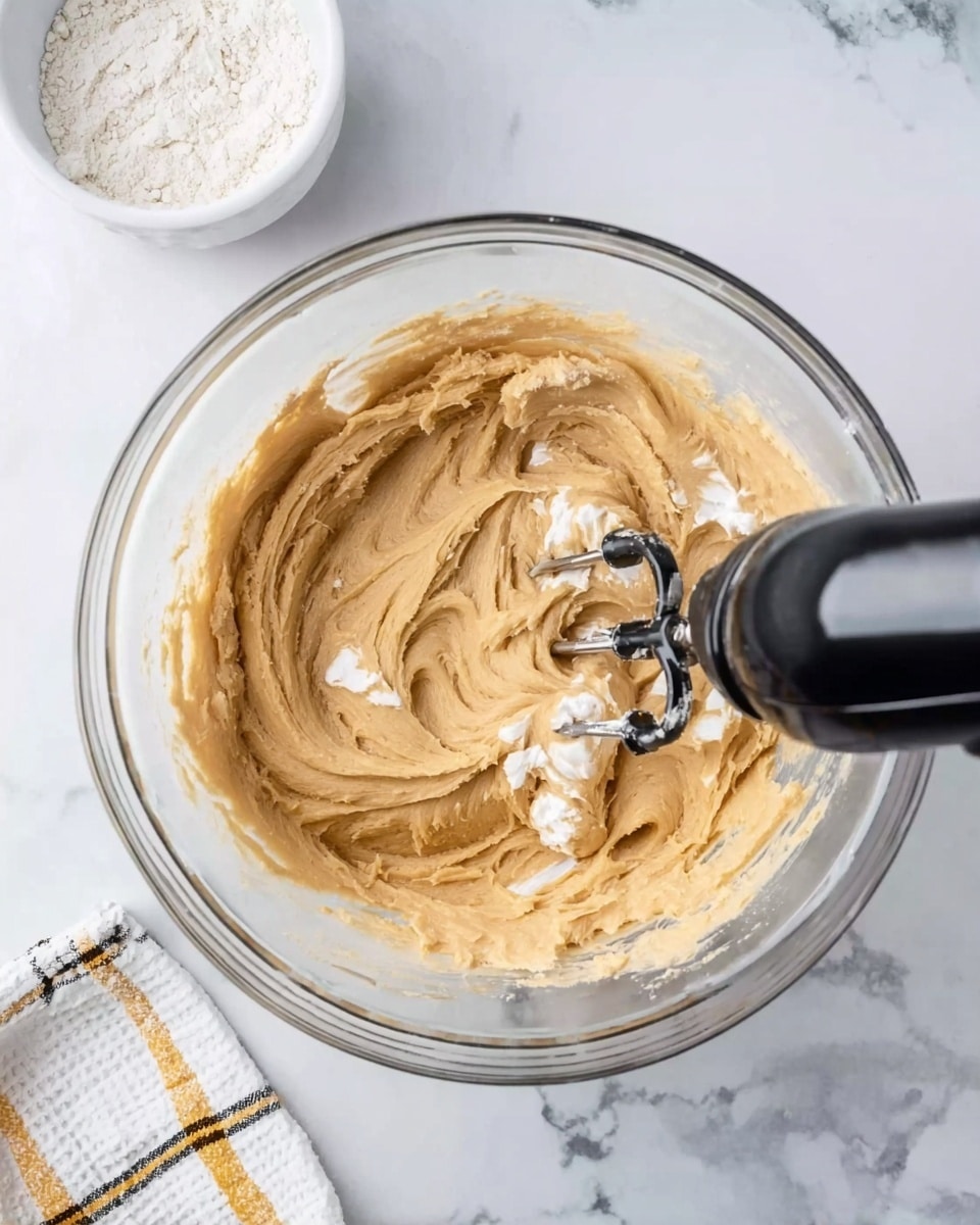 A clear glass bowl sits on a white marbled surface, filled with a creamy light brown dough in the process of being mixed by a black electric hand mixer with two beaters immersed in the dough. The dough has a smooth yet slightly textured look with some areas of white cream visible on the surface being folded in. Nearby, a white waffle cloth with a yellow and black pattern peeks into the bottom left corner, and a white bowl with flour is partially visible at the top. Photo taken with an iphone --ar 4:5 --v 7