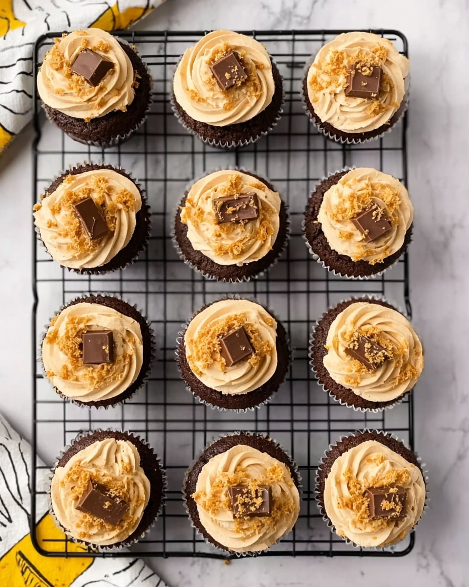 The image shows eleven chocolate cupcakes arranged on a black cooling rack placed on a white marbled surface. Each cupcake has one layer of dark brown cake base topped with a thick swirl of light tan frosting. On top of the frosting, there is a small piece of milk chocolate and some golden brown crumbled bits scattered around. The cupcakes are evenly spaced with a white cloth featuring yellow and black patterns partly visible in the bottom left corner. The photo taken with an iphone --ar 4:5 --v 7