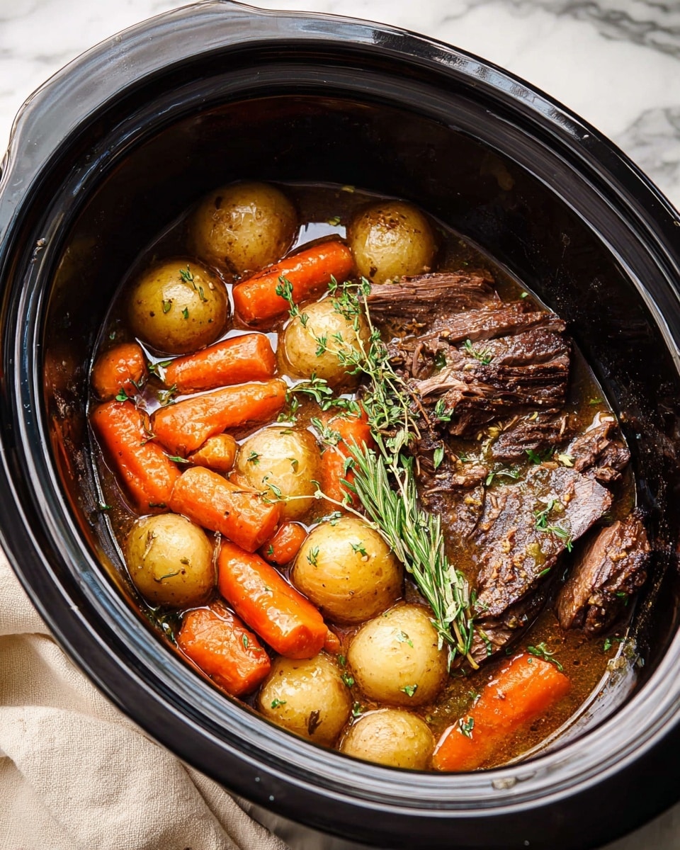 The image shows a slow cooker filled with a dish of cooked meat, small round golden-brown potatoes, and large chunks of bright orange carrot, all sitting together in a brown broth. The meat is dark brown with visible juicy texture and is placed mostly on the right side, while the potatoes and carrots are piled on the left, with sprigs of fresh green rosemary and thyme scattered on top. The inside of the slow cooker is black and glossy, and the whole scene is set on a white marbled surface with a beige cloth partially visible in the corner. Photo taken with an iphone --ar 4:5 --v 7