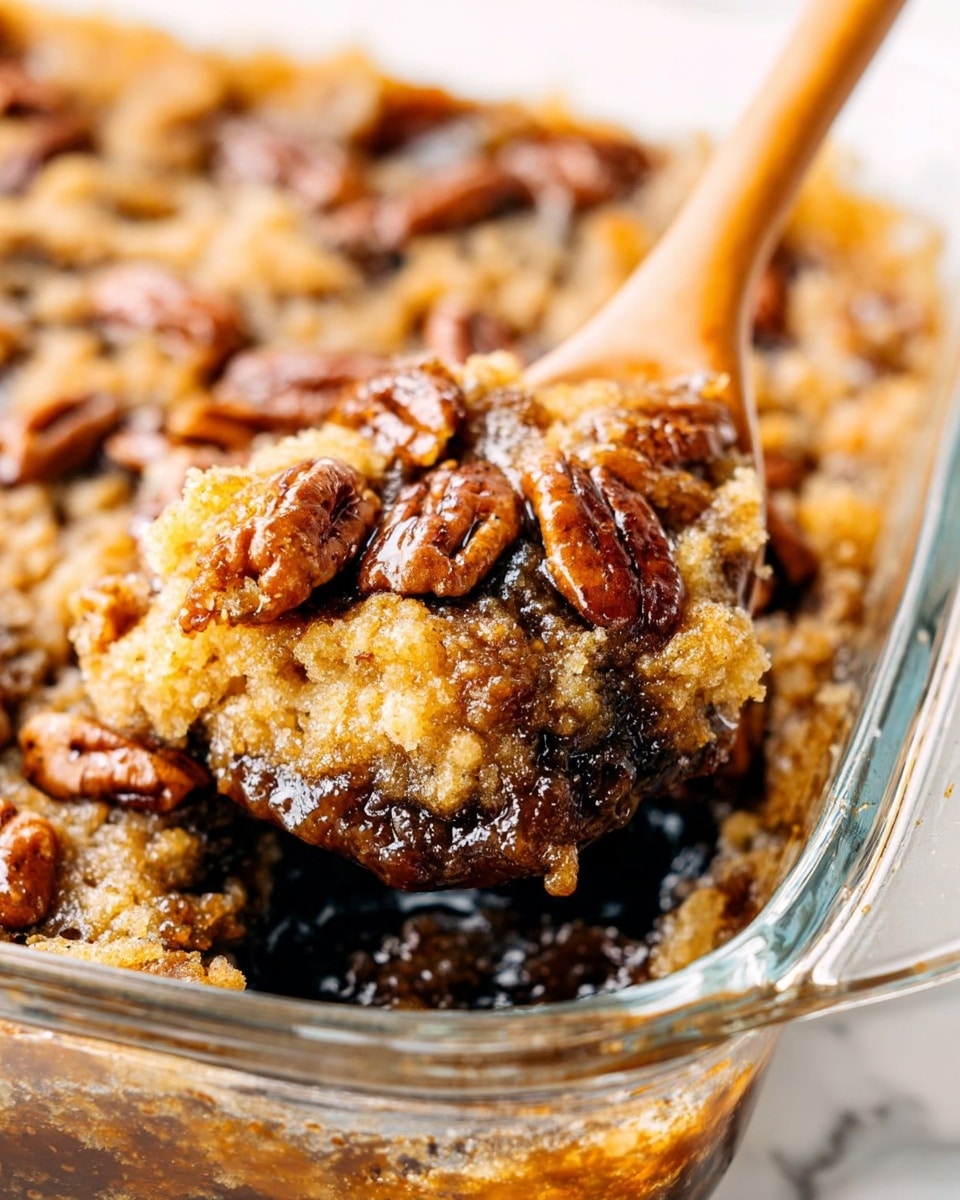 A white plate holds a single serving of sticky pecan dessert with a rough, crumbly texture mixed with gooey parts in a warm brown caramel color. Whole pecans are scattered throughout and on top, adding a shiny dark brown contrast. The dish is slightly messy, showing a mix of thick syrup and soft cake beneath. Around the plate, whole and broken pecans lie on a white marbled surface, with a clear glass bowl filled with shiny pecans blurred in the background and a transparent baking dish with more of the dessert visible behind. Photo taken with an iphone --ar 4:5 --v 7