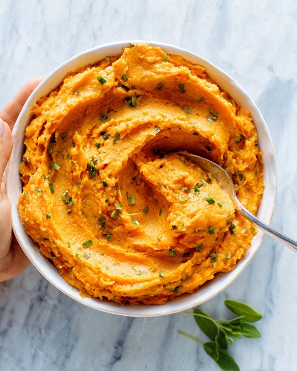 The image shows a white bowl filled with creamy mashed sweet potatoes. The mashed sweet potatoes have a bright orange color and a smooth but slightly chunky texture. They are swirled inside the bowl with small bits of green herbs scattered on top, adding a touch of color. A silver spoon is placed inside the bowl, held by a woman's hand, ready to scoop some of the mash. The bowl sits on a white marbled surface with a small green herb leaf next to it. Photo taken with an iphone --ar 4:5 --v 7