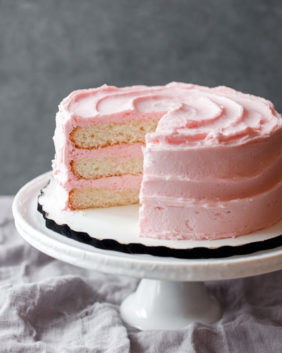 A three-layer cake with white sponge layers and pale pink frosting between each layer, coated with a smooth light pink frosting all around. The cake sits on a white cake stand with black ribbon decoration around the edge. The frosting has a soft, creamy texture with subtle swirls on the top. The background is a simple gray, and the cake stand is on a fabric with folds. Photo taken with an iphone --ar 4:5 --v 7