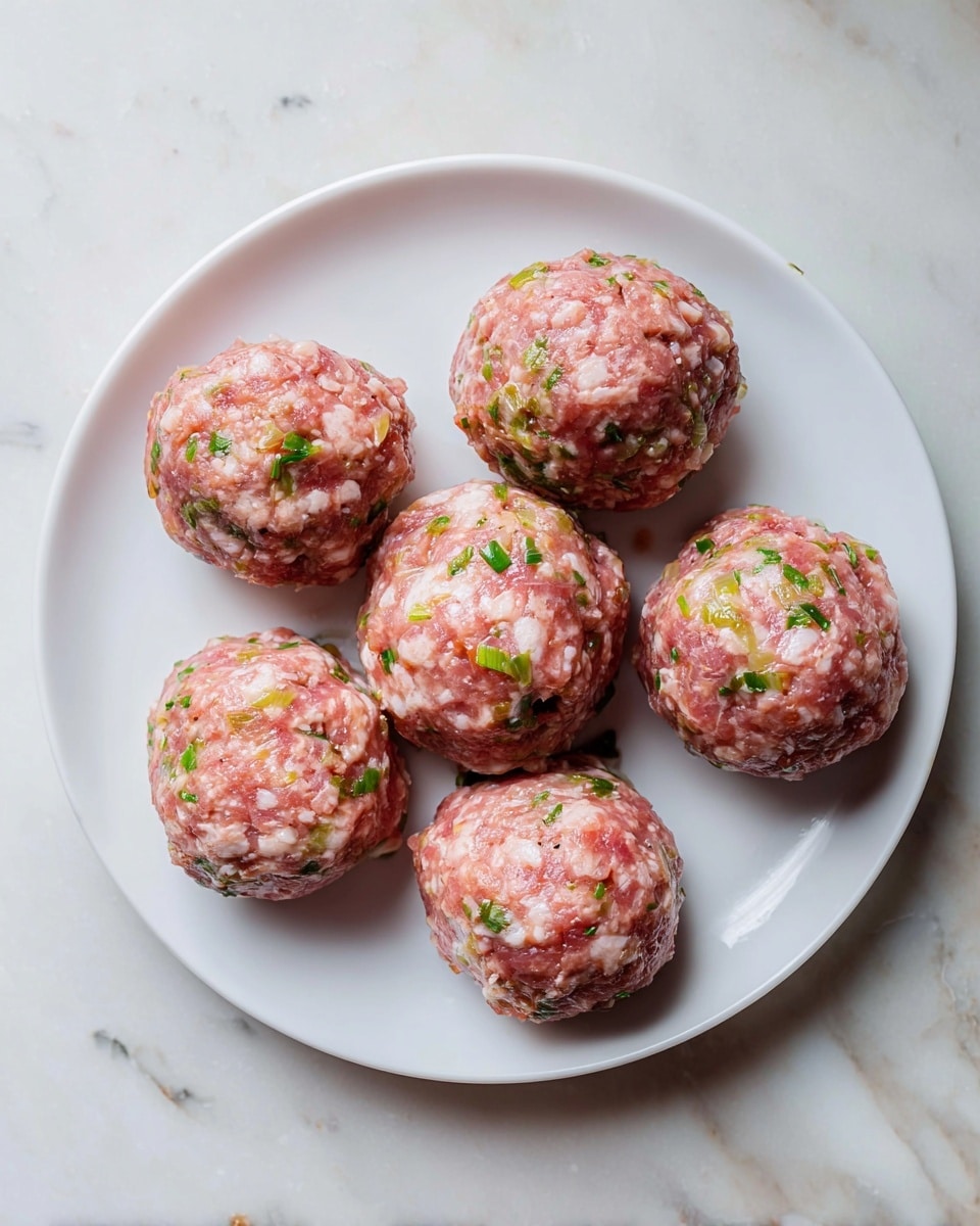 A white round plate sits on a white marbled surface, holding six raw meatballs arranged in a circle with one in the center. Each meatball is textured with a mix of pink and white minced meat, dotted with small green pieces of herbs and vegetables giving a fresh look. The meatballs have a rough shape with visible bits of onion and green onions mixed throughout. The lighting is soft and natural, showing the moist, mixed texture of the meatballs clearly. photo taken with an iphone --ar 4:5 --v 7