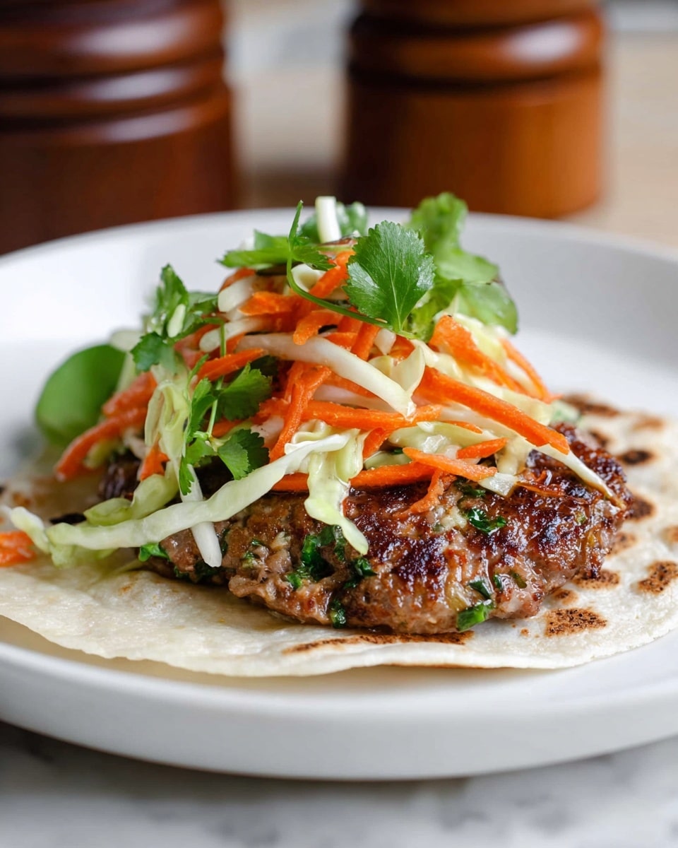 A white plate holds a flat, round tortilla as the base layer, topped with a grilled, browned meat patty that has a slightly rough texture and some green herbs mixed in. On top of the meat, there is a pile of shredded vegetables: thin strips of bright orange carrots, light green cabbage, and some fresh dark green leafy herbs. The dish is set on a white marbled surface with a blurred wooden pepper grinder in the background. photo taken with an iphone --ar 4:5 --v 7