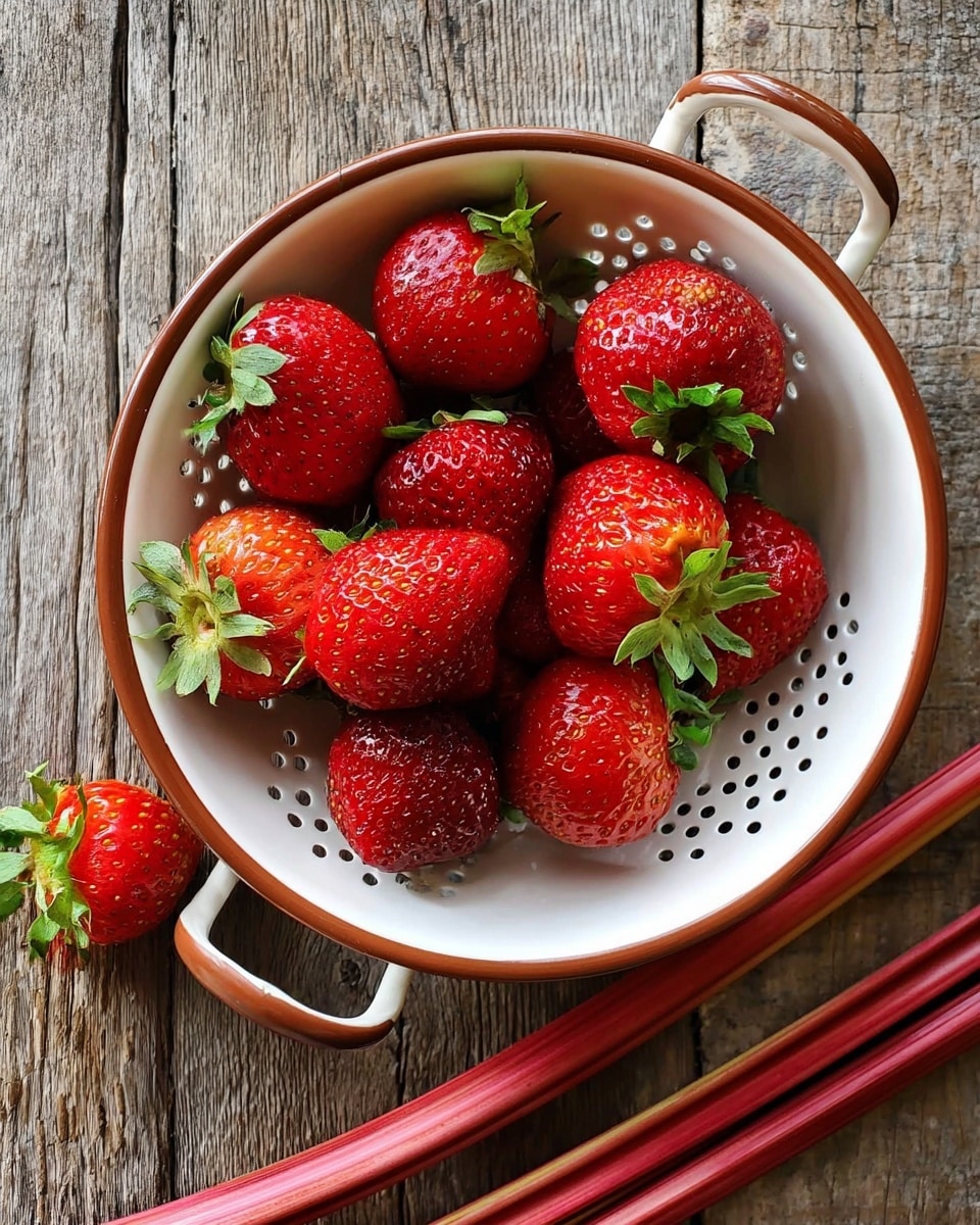 A white colander with a brown rim is filled with bright red strawberries with green leafy tops, showing smooth, shiny surfaces with seeds. The colander sits on a wooden textured surface with several long, thin, reddish stalks and one whole strawberry placed beside it. The image is taken from above with natural light showing clear colors. Photo taken with an iphone --ar 4:5 --v 7