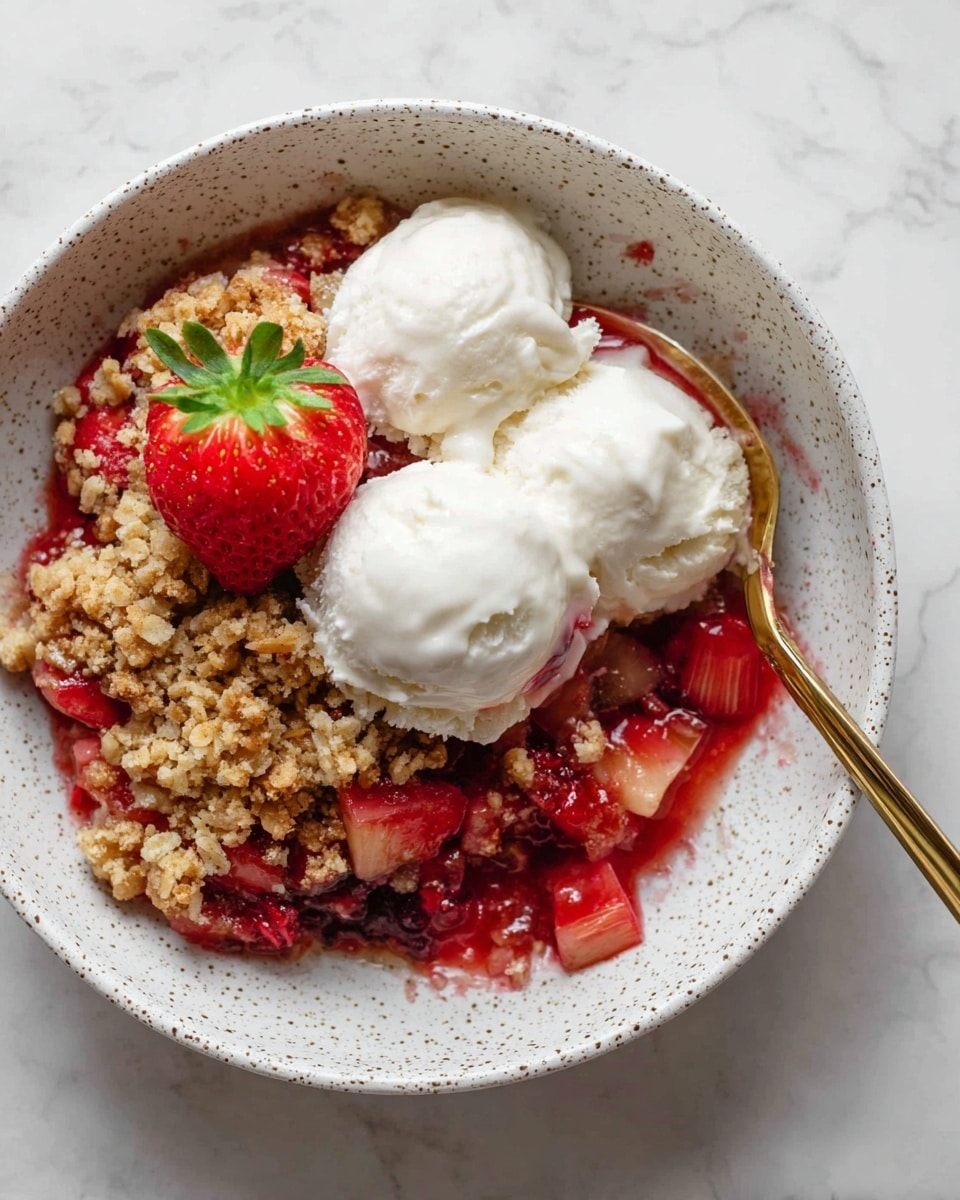 In a white speckled bowl, there is a dessert with three layers. The bottom layer has a chunky, shiny red fruit mix with strawberries and rhubarb pieces. On top of this fruit layer is a crumbly golden brown oat and sugar crust with a rough texture. Three white scoops of vanilla ice cream sit on the fruit and crumble, with one scoop slightly melting and blending into the dessert. A bright red strawberry with green leaves rests on the top left side of the ice cream. A shiny golden spoon is partially inside the bowl, resting on the left side over the dessert. The bowl is placed on a white marbled surface. Photo taken with an iphone --ar 4:5 --v 7
