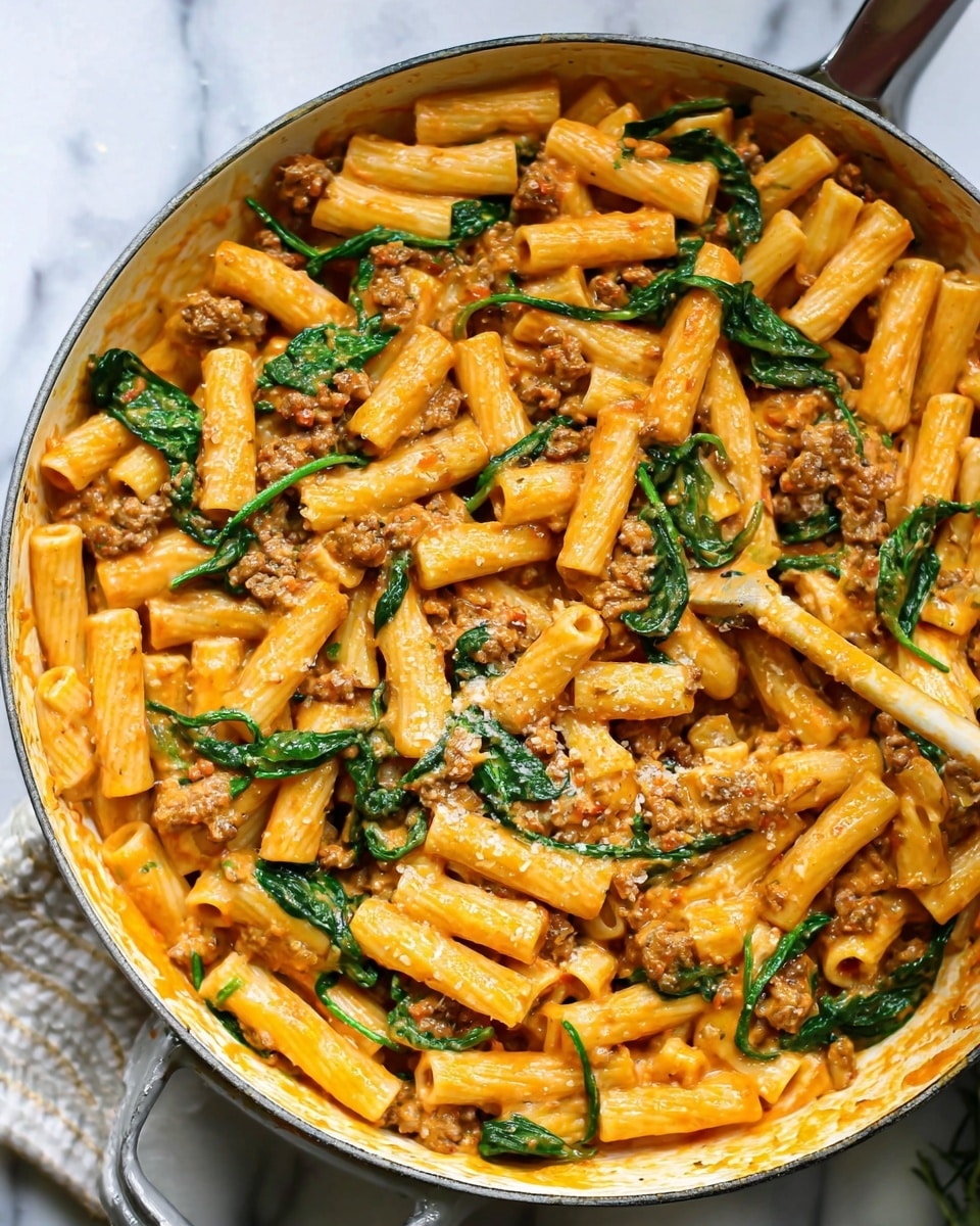 The image shows a white pan filled with tubular pasta mixed with a creamy, orange-colored sauce. There are visible small pieces of cooked ground meat scattered throughout the dish, along with vibrant green spinach leaves evenly distributed. The pasta is coated well with the sauce, giving it a smooth and rich texture, and the dish looks warm and hearty. The background features a white marbled surface, and near the pan, a woman's hand holding a serving spoon is partially visible. photo taken with an iphone --ar 4:5 --v 7
