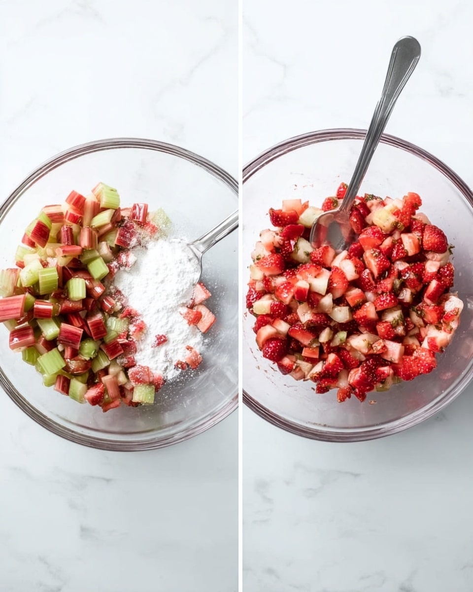 A clear glass bowl sits on a white marbled surface, filled with four separate sections: bright red chopped strawberries on the right, green and purple chopped rhubarb pieces on the top left, white granulated sugar at the bottom left, and a small amount of light-colored powder near the sugar. Next to the bowl is a silver fork. In the second frame, the bowl contains a well mixed combination of the strawberries, rhubarb, sugar, and powder, showing a red and green mix with a moist texture. A silver spoon is inside the bowl. Photo taken with an iphone --ar 4:5 --v 7