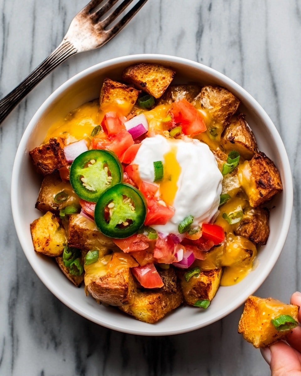 A white bowl filled with golden brown roasted potato cubes as the base layer, topped with a generous layer of melted yellow cheese dripping over the potatoes. On top, there is a smooth dollop of white sour cream covering the center, surrounded by small chunks of bright red tomatoes scattered evenly. Thin slices of green jalapeño peppers are placed over the sour cream, along with a few small pieces of red onion adding contrast. The bowl is placed on a white marbled surface with a fork beside it, and a woman's hand is holding a piece of food near the edge of the frame. Photo taken with an iphone --ar 4:5 --v 7