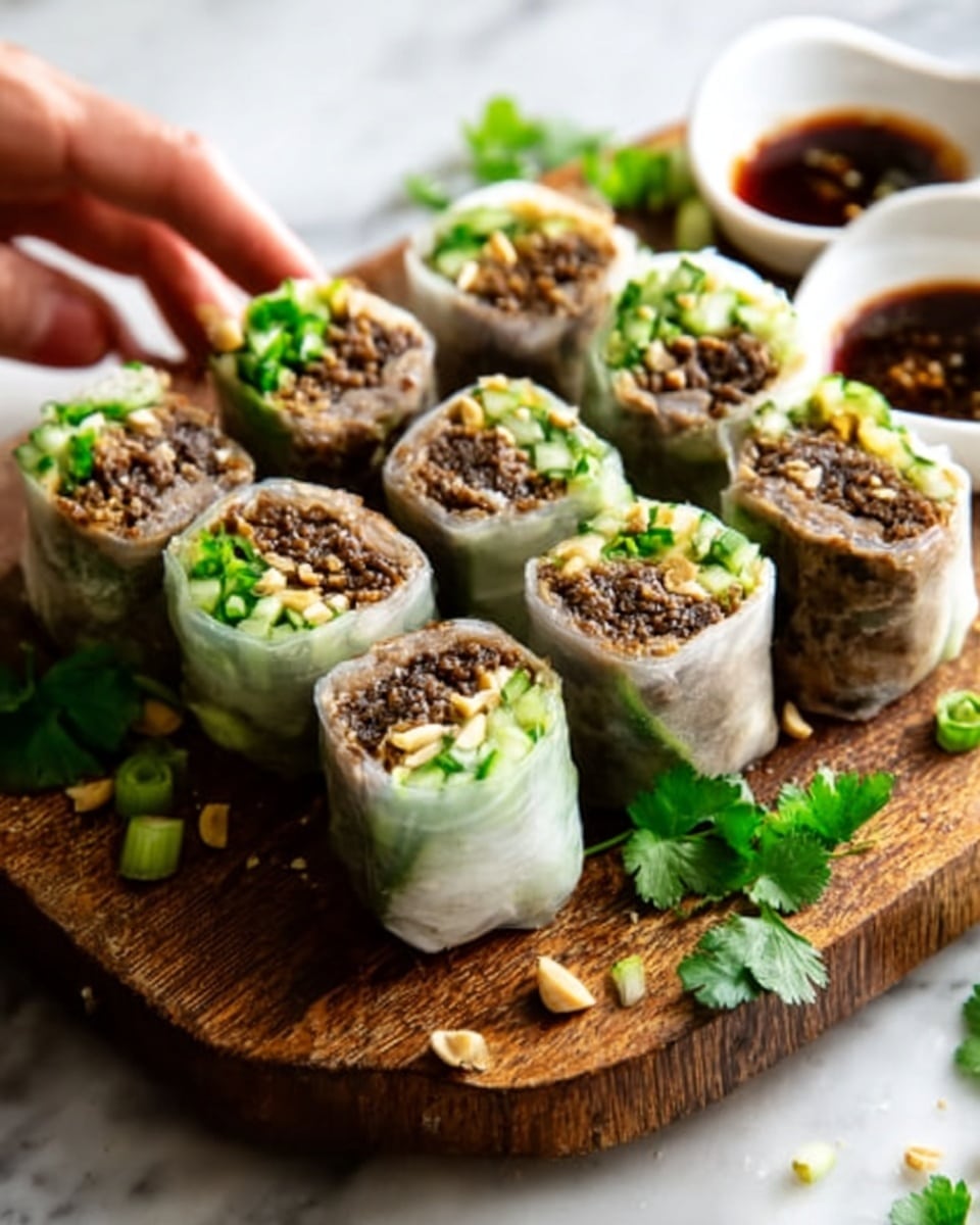 The image shows a wooden board on a white marbled surface holding nine spring rolls cut into pieces, arranged in a neat cluster. Each piece has layers starting with a translucent rice paper wrap on the outside, revealing a mix of dark brown cooked minced meat, small bright green slices of cucumber, and a scattering of crushed peanuts inside. A few green onion slices and cilantro leaves rest around the spring rolls, adding fresh green accents. Three small white bowls with dark dipping sauces are placed near the top of the wooden board. A woman's hand is reaching toward the rolls from the left side of the frame. Photo taken with an iphone --ar 4:5 --v 7
