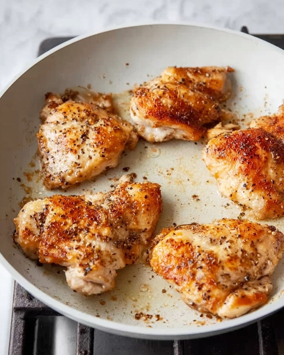 A close-up view of a white frying pan on a stove with five pieces of seasoned and cooked chicken pieces inside. The chicken pieces have a light golden-brown color with visible black pepper and spices sprinkled on top. The texture of the chicken looks slightly crispy around the edges, and the pan shows small oil spots. The stove burner grates are partially visible under the pan. The background is a white marbled texture. photo taken with an iphone --ar 4:5 --v 7