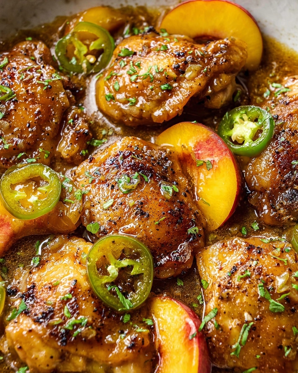 The close-up image shows several pieces of golden brown chicken thighs cooked in a shiny, thick sauce with slices of jalapeño and peach halves scattered around. The chicken pieces are well browned with some black pepper visible on the surface. The sauce is glossy and coats the chicken and fruit, pooling slightly between them. Small green herb bits are sprinkled on top, adding a fresh touch. The layers include browned chicken at the bottom, yellow-orange peach slices peeking out around them, and green jalapeño rounds on top, all sitting in a warm brown sauce. The background has a white marbled texture. Photo taken with an iphone --ar 4:5 --v 7