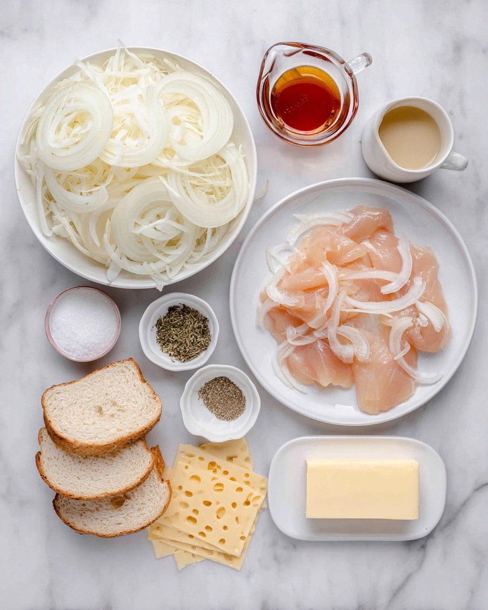 The image shows various ingredients on a white marbled surface arranged neatly. In the center, there is a bowl filled with thinly sliced white onions layered in a loose pile. To the right, a white plate contains several thin, light pink raw chicken pieces spread flat. Below the onions, small bowls hold white granulated salt, dried herbs, and white sugar. To the bottom left, a white plate displays several slices of soft white bread with light crusts and a few slices of pale yellow Swiss cheese with round holes layered on top. Above the bread, there is a small clear measuring cup filled with a darker reddish-brown liquid, and to the top right of the onions, a white cup contains a light-colored liquid. A small white dish at the bottom holds two rectangular slices of pale yellow butter stacked together. photo taken with an iphone --ar 4:5 --v 7