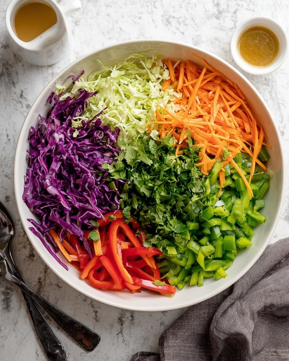 A large white bowl filled with six colorful layers of fresh salad ingredients arranged in a circular pattern: shredded purple cabbage on the top left, shredded light green cabbage on the top right, chopped green bell peppers at the middle right, thin orange carrot sticks below the green peppers, chopped green onions at the bottom left, and thin red bell pepper slices on the left side. In the center, there is a pile of chopped fresh cilantro in bright green. The bowl sits on a white marbled surface with a small white cup of dressing nearby and a dark metal spoon and fork beside the bowl. A gray cloth is placed near the bottom left of the frame. Photo taken with an iphone --ar 4:5 --v 7