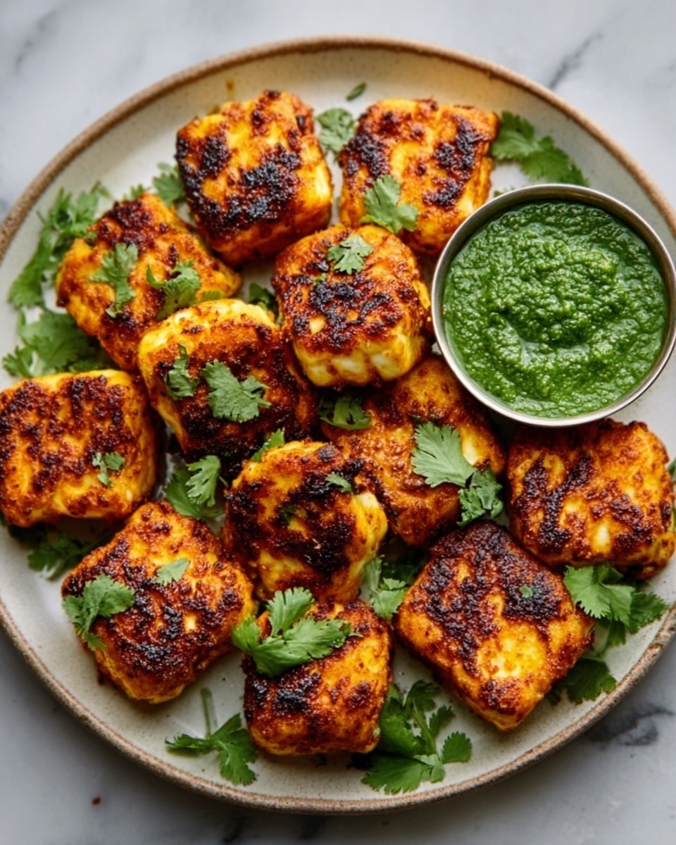 The image shows a white plate filled with golden-brown grilled pieces of paneer, each piece slightly charred and textured with spices, arranged in a circular pattern. Bright green cilantro leaves are scattered on top of the paneer, adding a fresh contrast. On the right side of the plate, there is a small silver bowl filled with a thick green chutney. The plate is set on a white marbled surface. Photo taken with an iphone --ar 4:5 --v 7